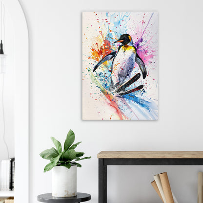 Watercolour Skiing Penguin Canvas Print. Funny Animal Wall Art Gift for Ski Lover, Skier, Snowboarder Unique Colourful Paint Splash Painting - CanvasityCrafts - Free Shipping