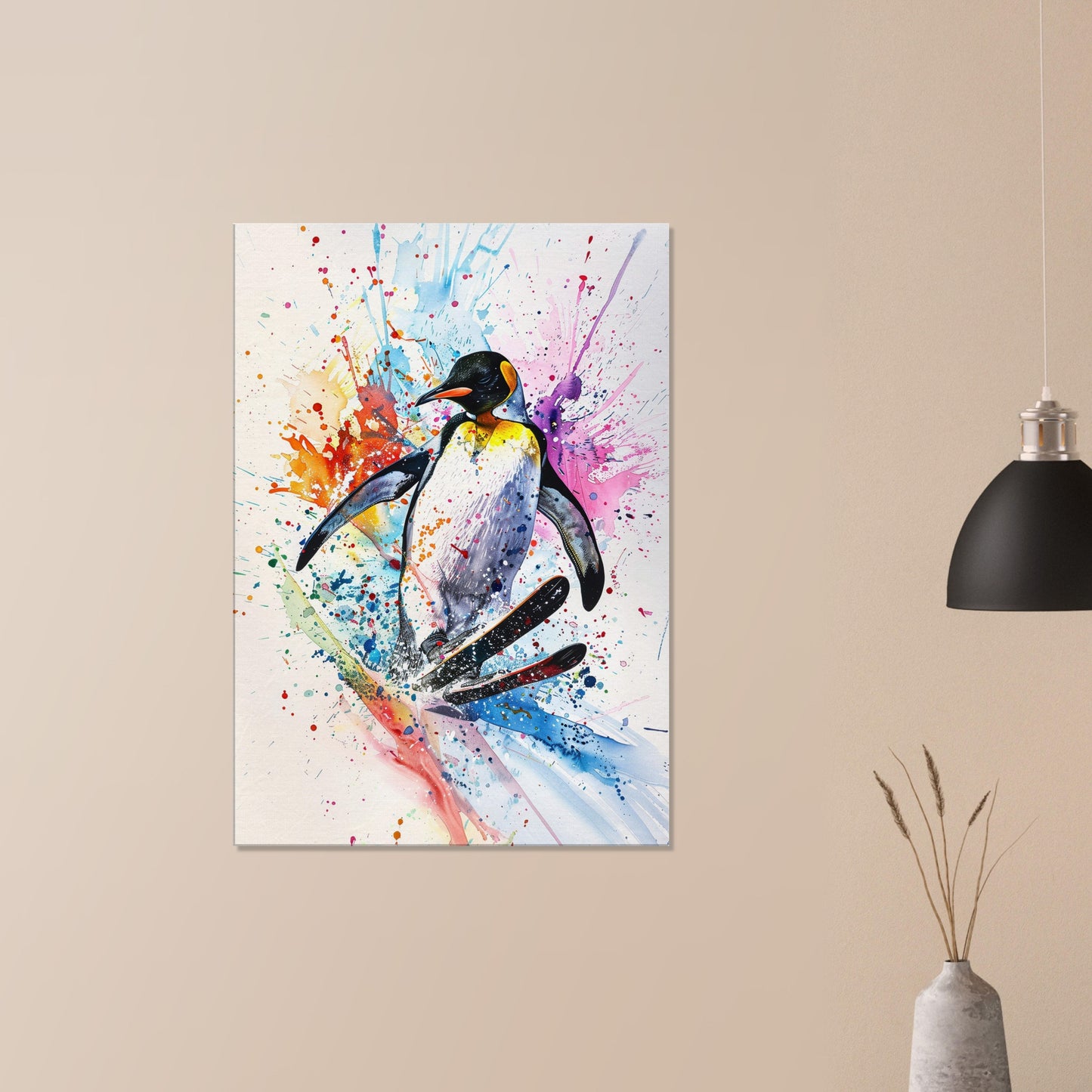 Watercolour Skiing Penguin Canvas Print. Funny Animal Wall Art Gift for Ski Lover, Skier, Snowboarder Unique Colourful Paint Splash Painting - CanvasityCrafts - Free Shipping