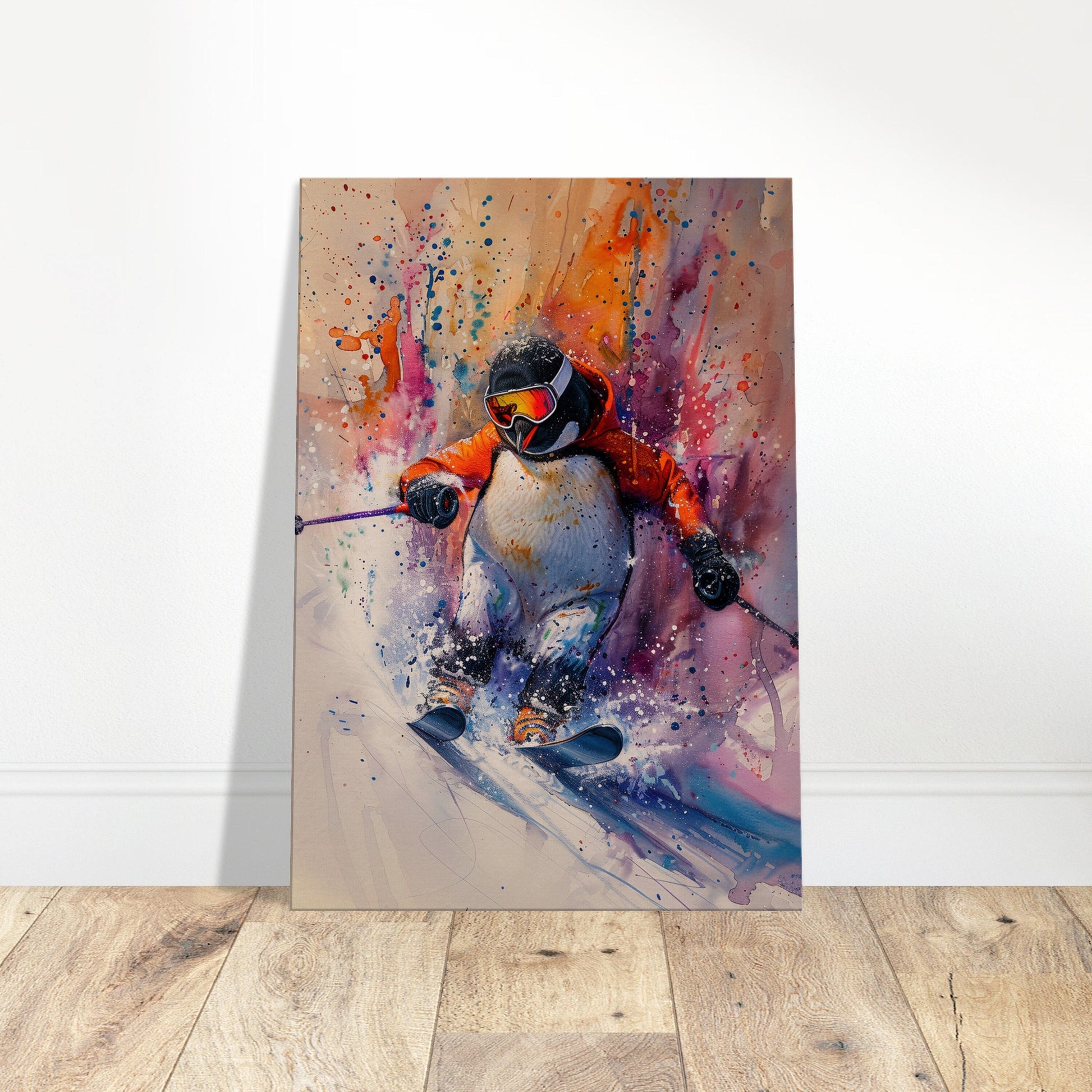 Watercolour Skiing Penguin Canvas Print. Funny Animal Wall Art Gift for Ski Lover, Skier, Snowboarder Unique Colourful Paint Splash Painting - CanvasityCrafts - Free Shipping