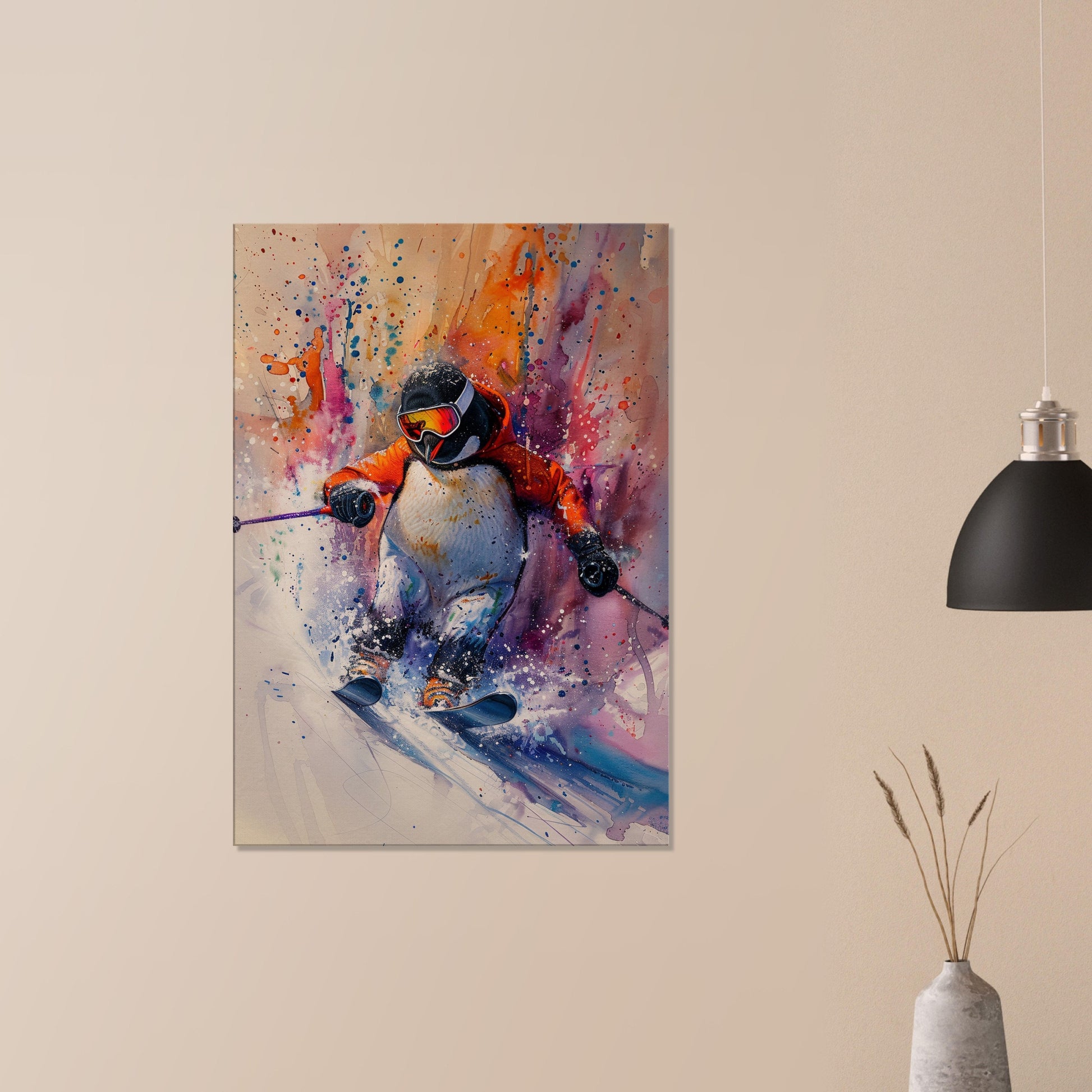 Watercolour Skiing Penguin Canvas Print. Funny Animal Wall Art Gift for Ski Lover, Skier, Snowboarder Unique Colourful Paint Splash Painting - CanvasityCrafts - Free Shipping