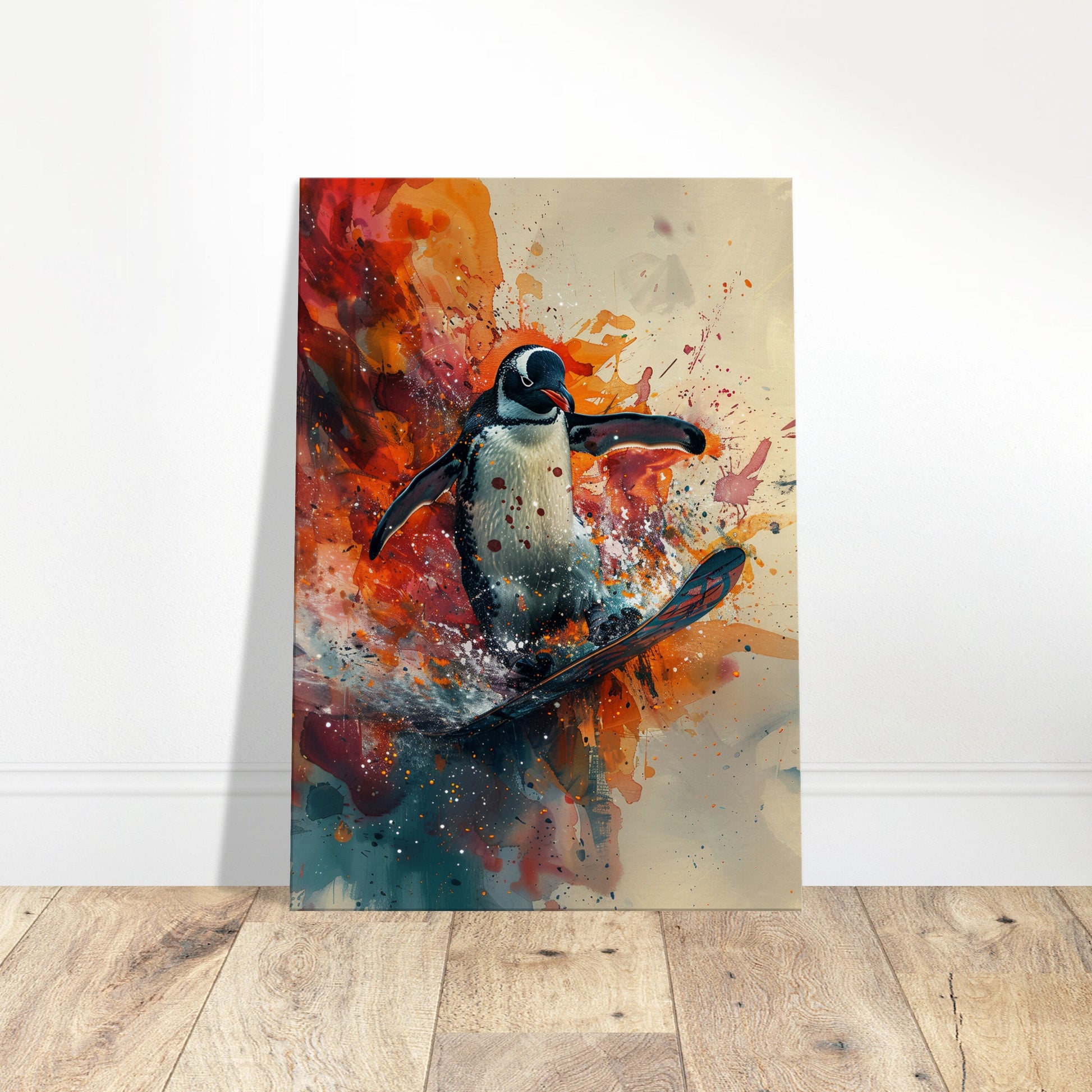 Funny Snowboarding Penguin Canvas Print. Paint Splash Animal Wall Art Gift for Snowboard Lover, Snowboarder, Skier, Watercolour Painting - CanvasityCrafts - Free Shipping