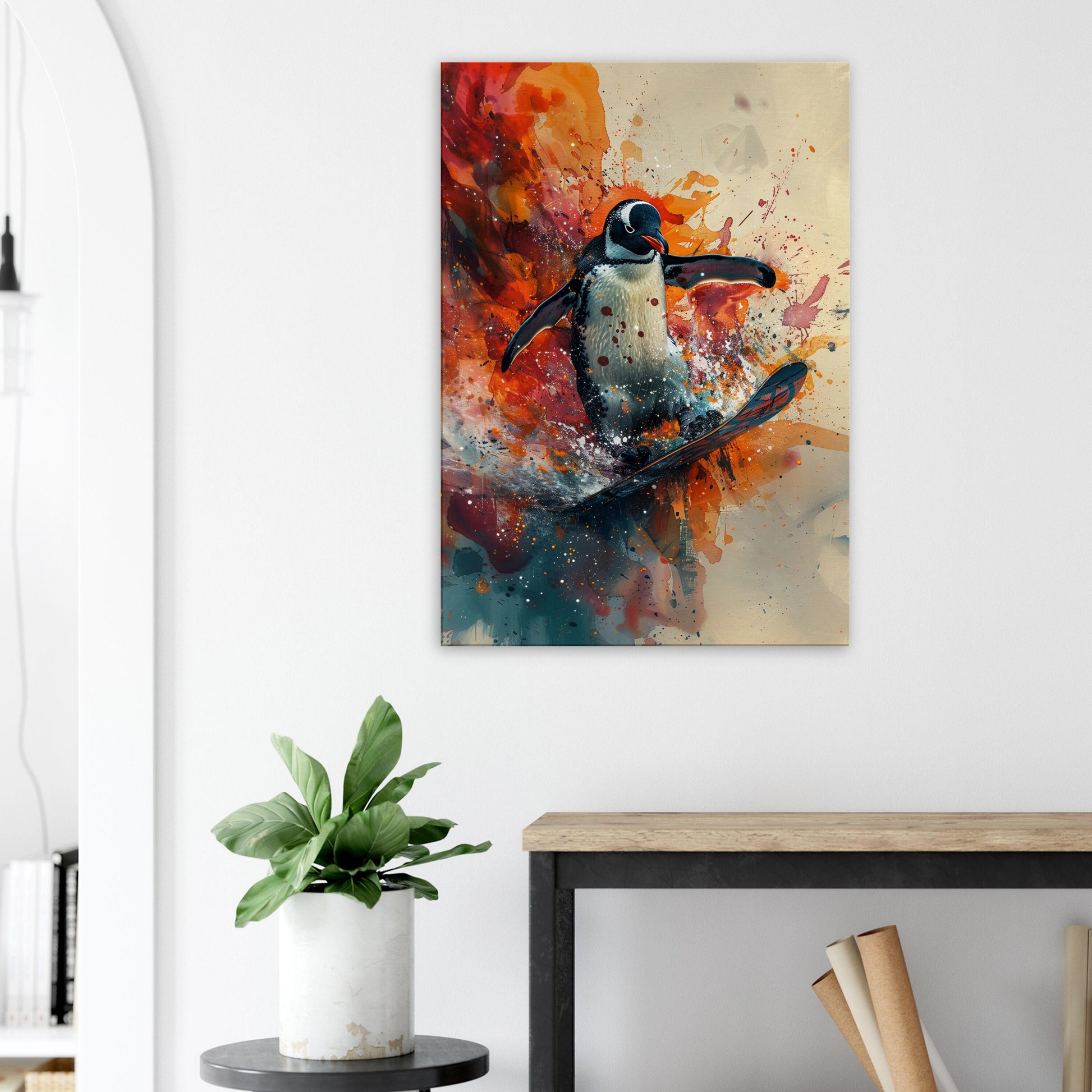 Funny Snowboarding Penguin Canvas Print. Paint Splash Animal Wall Art Gift for Snowboard Lover, Snowboarder, Skier, Watercolour Painting - CanvasityCrafts - Free Shipping