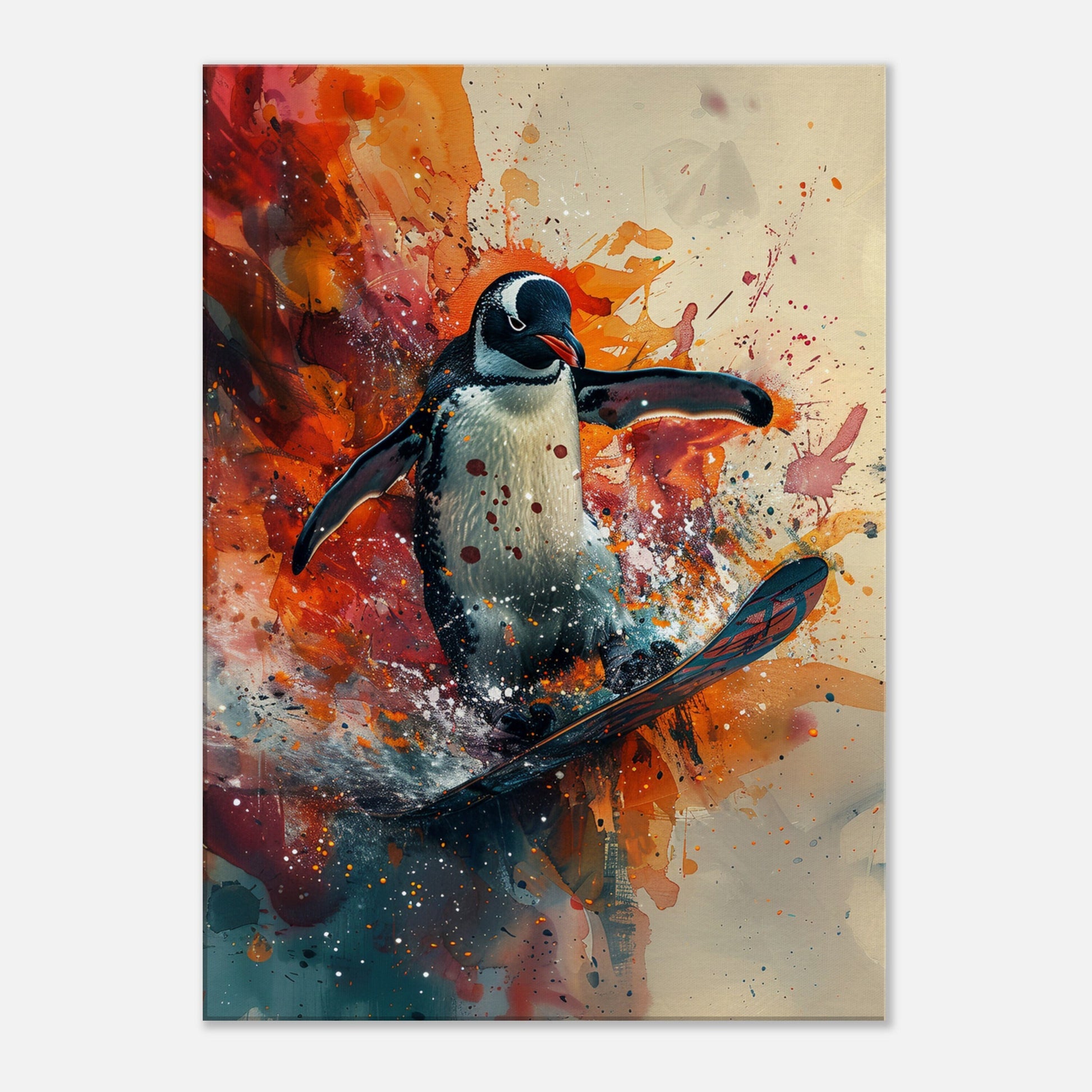 Funny Snowboarding Penguin Canvas Print. Paint Splash Animal Wall Art Gift for Snowboard Lover, Snowboarder, Skier, Watercolour Painting - CanvasityCrafts - Free Shipping