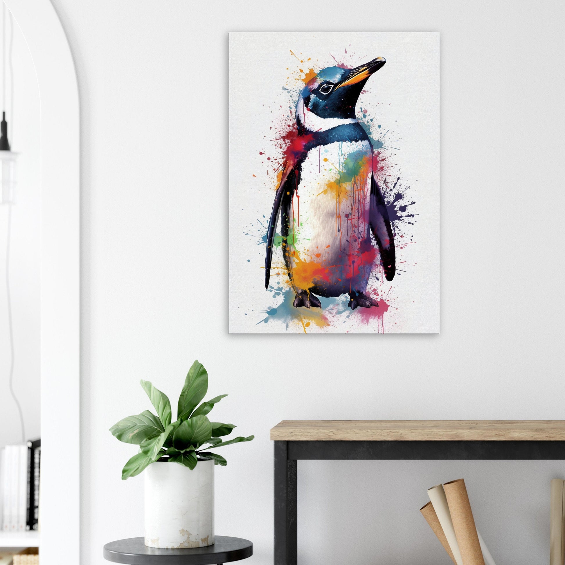 Cute Penguin Chick Canvas Print. Paint Splash Animal Wall Art Gift, Watercolor Painting Picture, Abstract Bird Decor, Splatter Style Gifts - CanvasityCrafts - Free Shipping