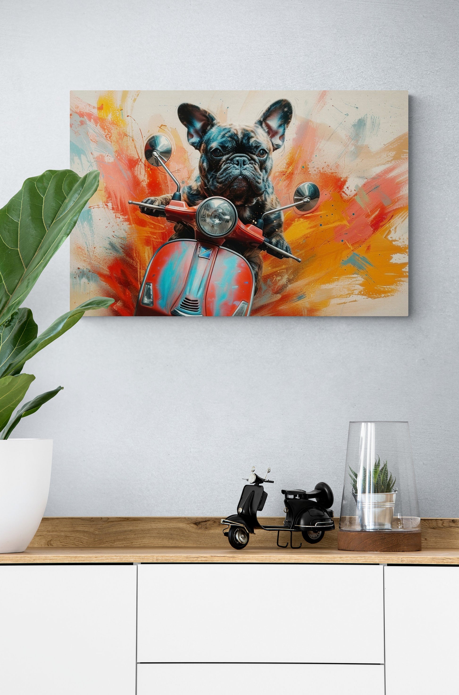 French Bulldog Riding a Moped Canvas Print. Funny Animal Wall Art Gift for Scooter Riders, Frenchie Owner, Mom, Dad. Paint Splash Painting - CanvasityCrafts - Free Shipping