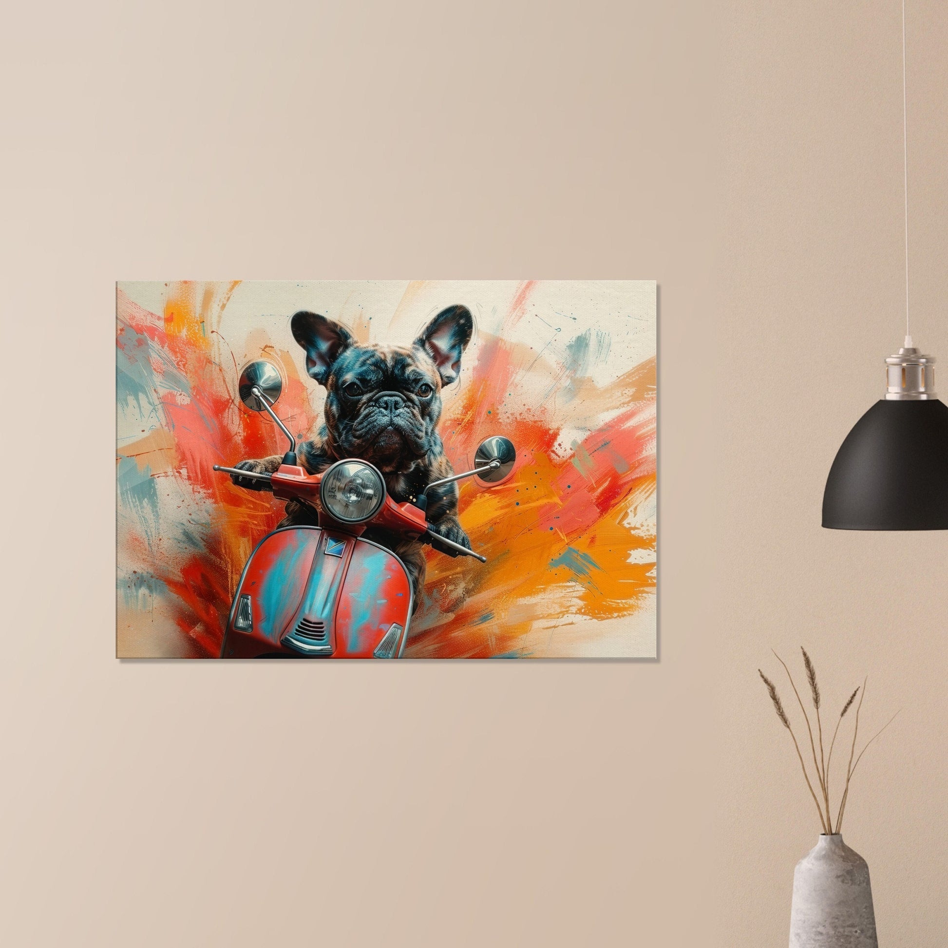 French Bulldog Riding a Moped Canvas Print. Funny Animal Wall Art Gift for Scooter Riders, Frenchie Owner, Mom, Dad. Paint Splash Painting - CanvasityCrafts - Free Shipping