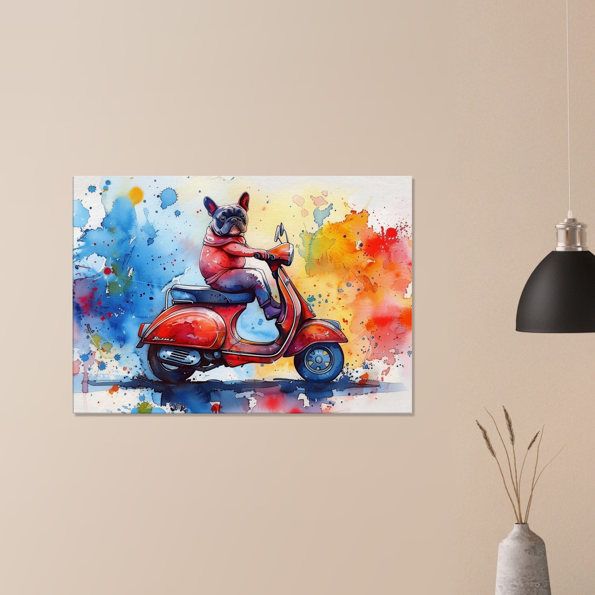 French Bulldog Riding a Moped Canvas Print. Funny Animal Wall Art Gift for Scooter Riders, Frenchie Owner, Mom, Dad. Paint Splash Painting - CanvasityCrafts - Free Shipping