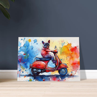 French Bulldog Riding a Moped Canvas Print. Funny Animal Wall Art Gift for Scooter Riders, Frenchie Owner, Mom, Dad. Paint Splash Painting - CanvasityCrafts - Free Shipping