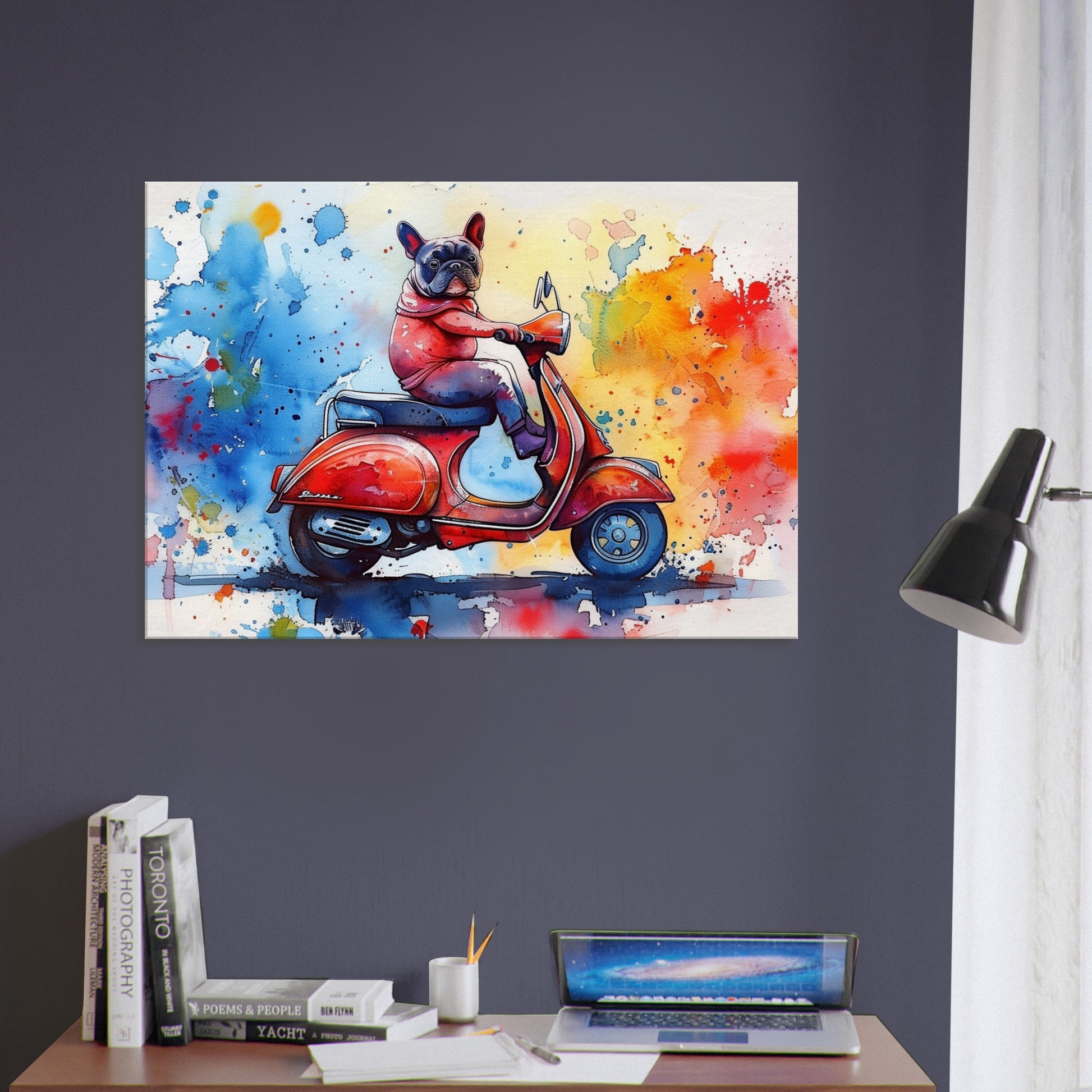 French Bulldog Riding a Moped Canvas Print. Funny Animal Wall Art Gift for Scooter Riders, Frenchie Owner, Mom, Dad. Paint Splash Painting - CanvasityCrafts - Free Shipping