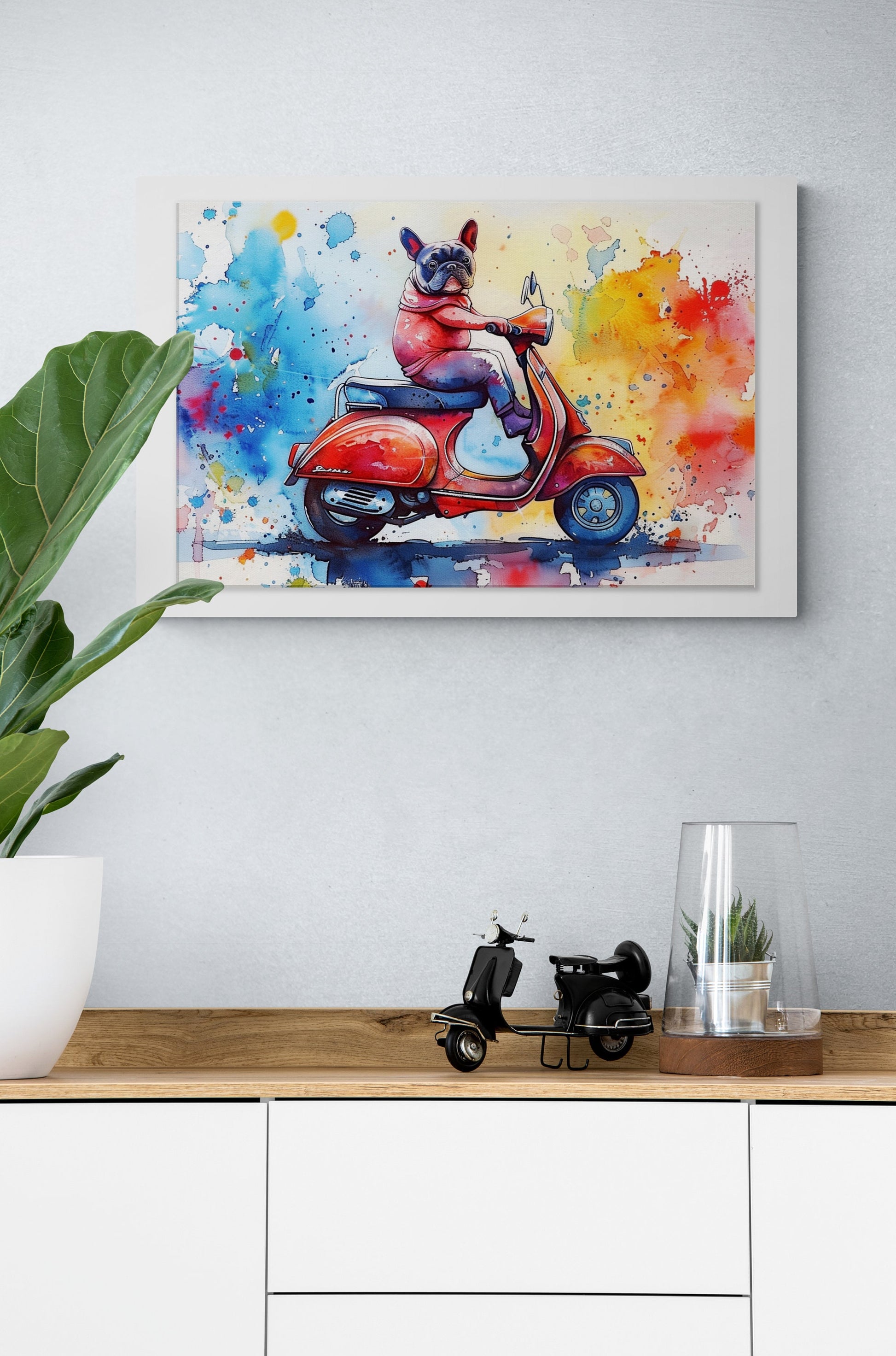 French Bulldog Riding a Moped Canvas Print. Funny Animal Wall Art Gift for Scooter Riders, Frenchie Owner, Mom, Dad. Paint Splash Painting - CanvasityCrafts - Free Shipping