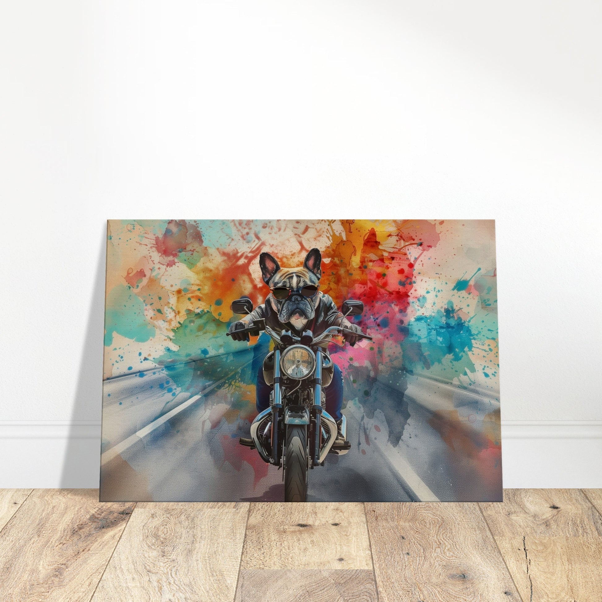 French Bulldog Motorbike Canvas Print. Funny Animal Wall Art Gift for Bikers, Motorcycle Owner, Frenchie Mom, Dad. Paint Splash Painting - CanvasityCrafts - Free Shipping