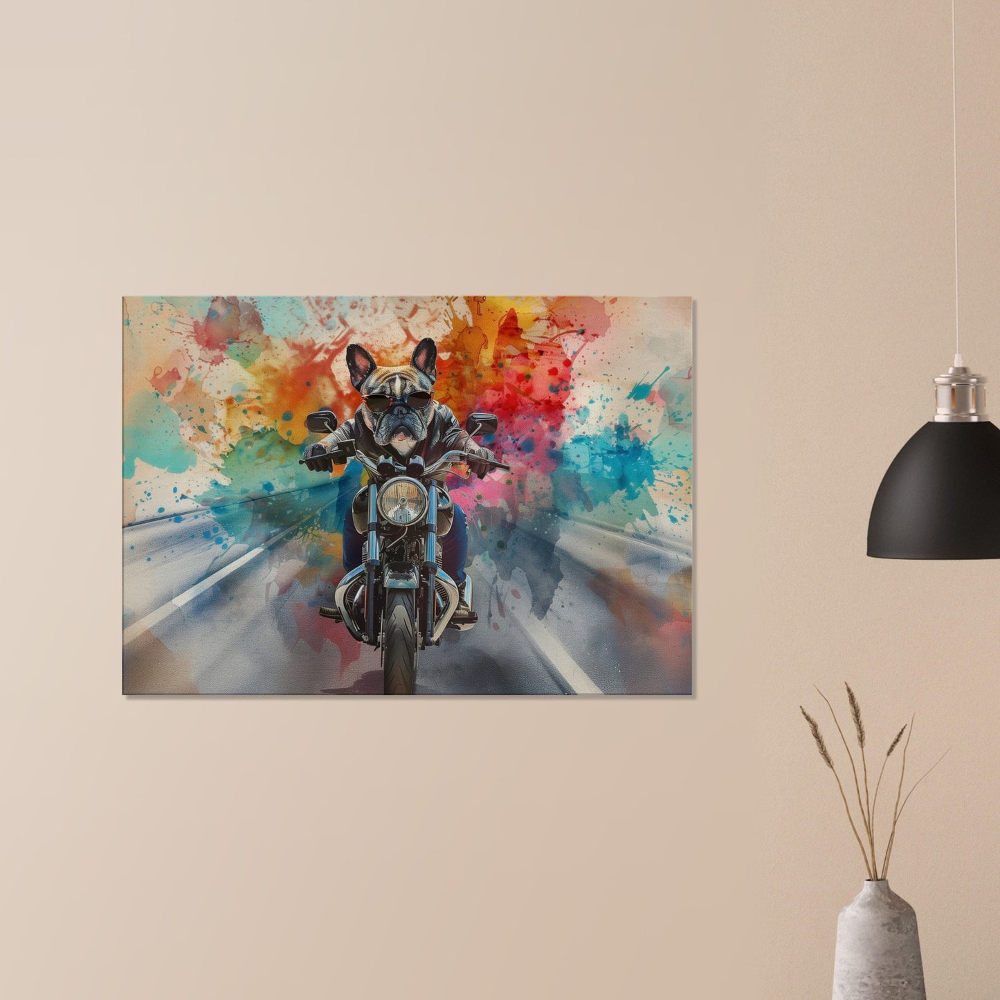 French Bulldog Motorbike Canvas Print. Funny Animal Wall Art Gift for Bikers, Motorcycle Owner, Frenchie Mom, Dad. Paint Splash Painting - CanvasityCrafts - Free Shipping