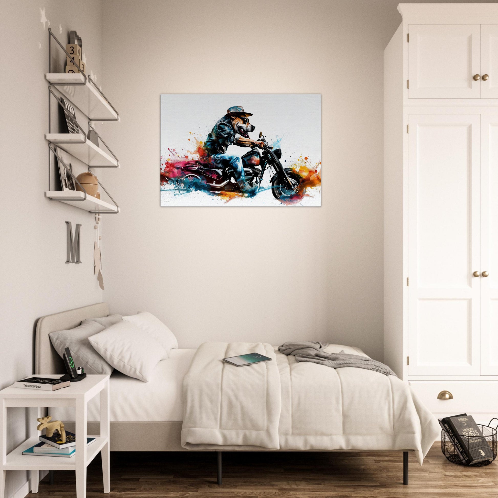 American Bulldog Motorbike Canvas Print. Funny Animal Wall Art Gift for Bikers, Motorcycle Owner, Bulldog Dad. Paint Splash Painting - CanvasityCrafts - Free Shipping