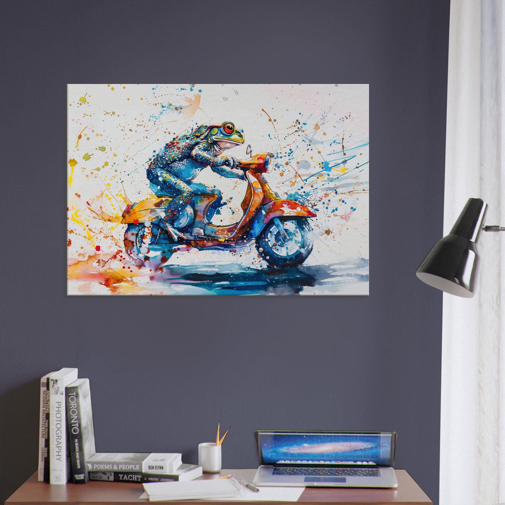 Frog Riding a Moped Canvas Print. Funny Toad Wall Art Gift for Scooter Riders, Pond Life Decor, Funny Frog Watercolour Paint Splash Painting - CanvasityCrafts - Free Shipping