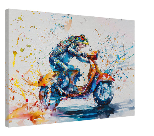 Frog Riding a Moped Canvas Print. Funny Toad Wall Art Gift for Scooter Riders, Pond Life Decor, Funny Frog Watercolour Paint Splash Painting - CanvasityCrafts - Free Shipping