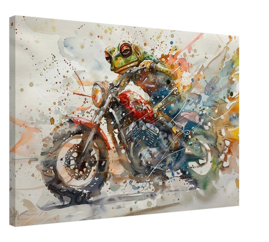 Frog on a Motorbike Canvas Print. Funny Animal Wall Art Gift for Bikers, Motorcycle Owner, Toad Pond Life. Watercolour Paint Splash Painting - CanvasityCrafts - Free Shipping