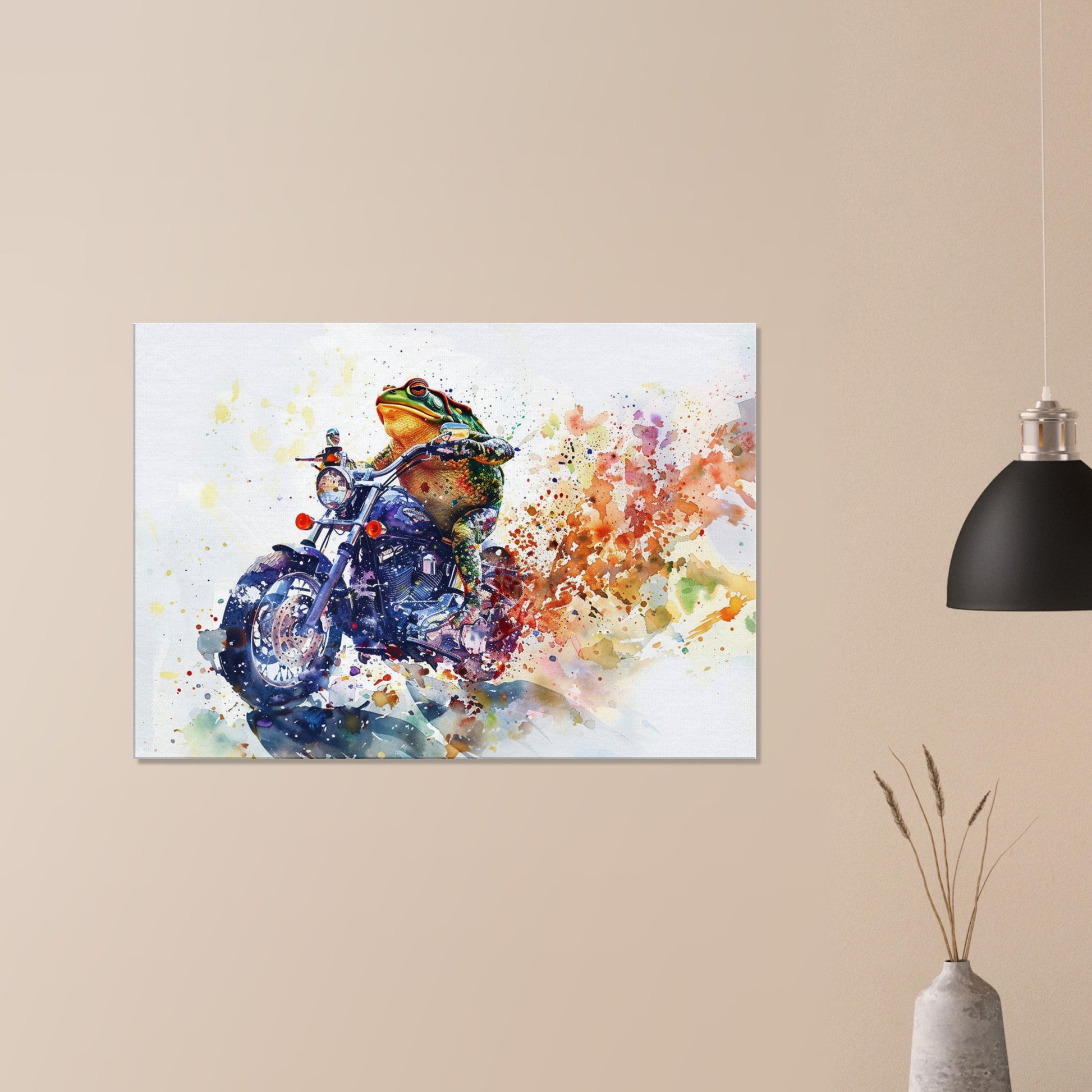 Toad on a Motorbike Canvas Print. Funny Animal Wall Art Gift for Bikers, Motorcycle Owner, Frog Pond Life. Watercolour Paint Splash Painting - CanvasityCrafts - Free Shipping