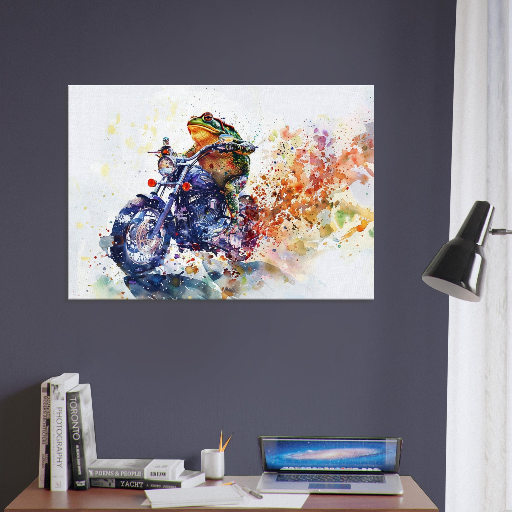 Toad on a Motorbike Canvas Print. Funny Animal Wall Art Gift for Bikers, Motorcycle Owner, Frog Pond Life. Watercolour Paint Splash Painting - CanvasityCrafts - Free Shipping