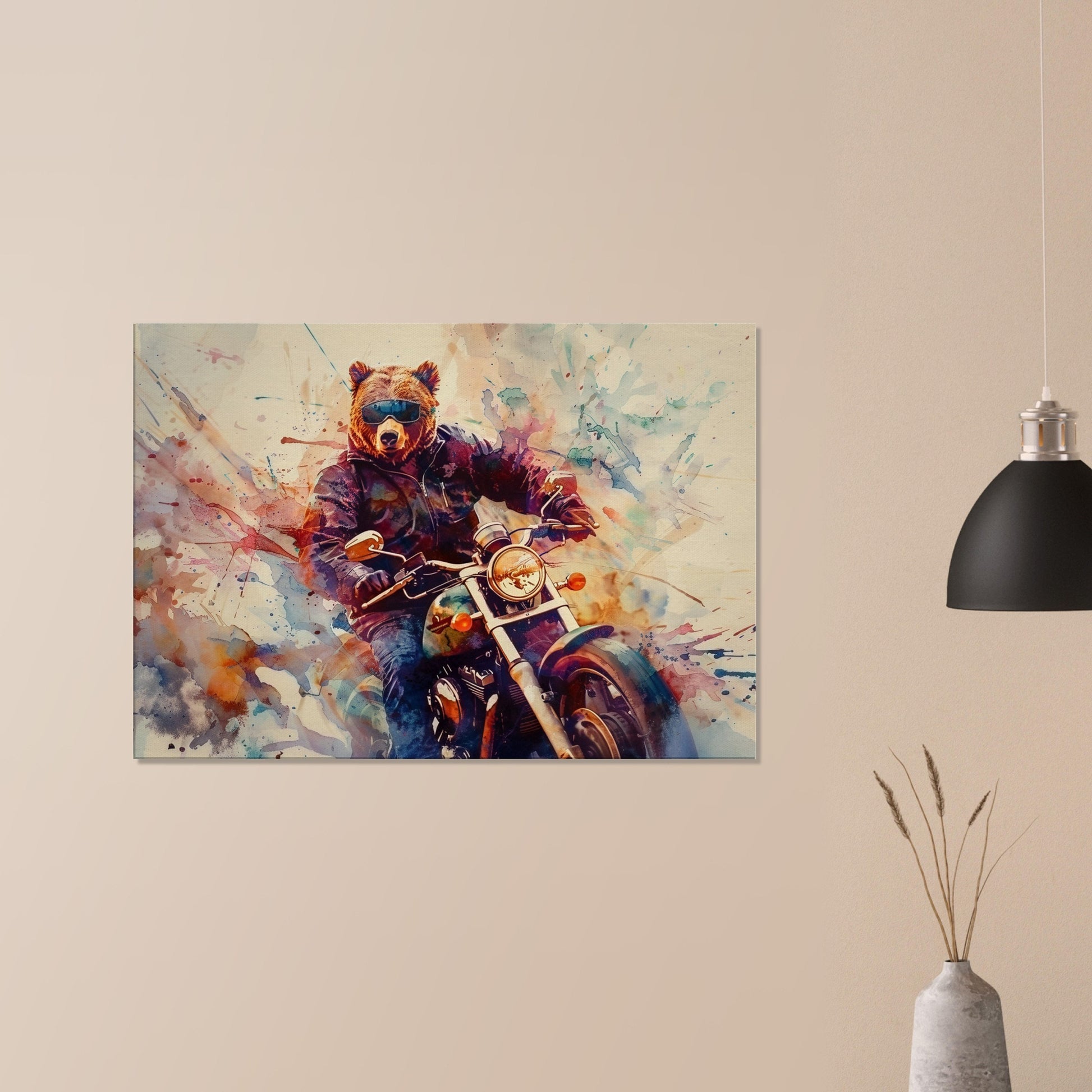 Grizzly Bear on a Motorbike Canvas Print. Funny Animal Wall Art Gift for Bikers, Motorcycle Owner, Forrest Life. Paint Splash Painting - CanvasityCrafts - Free Shipping