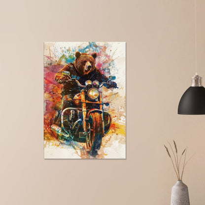 Grizzly Bear on a Motorbike Canvas Print. Funny Animal Wall Art Gift for Bikers, Motorcycle Owner, Forrest Life. Paint Splash Painting - CanvasityCrafts - Free Shipping