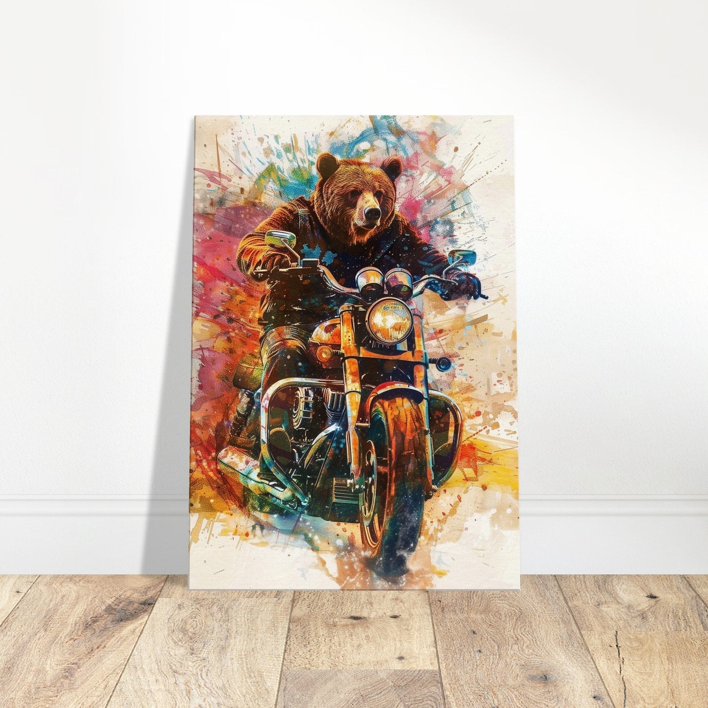 Grizzly Bear on a Motorbike Canvas Print. Funny Animal Wall Art Gift for Bikers, Motorcycle Owner, Forrest Life. Paint Splash Painting - CanvasityCrafts - Free Shipping