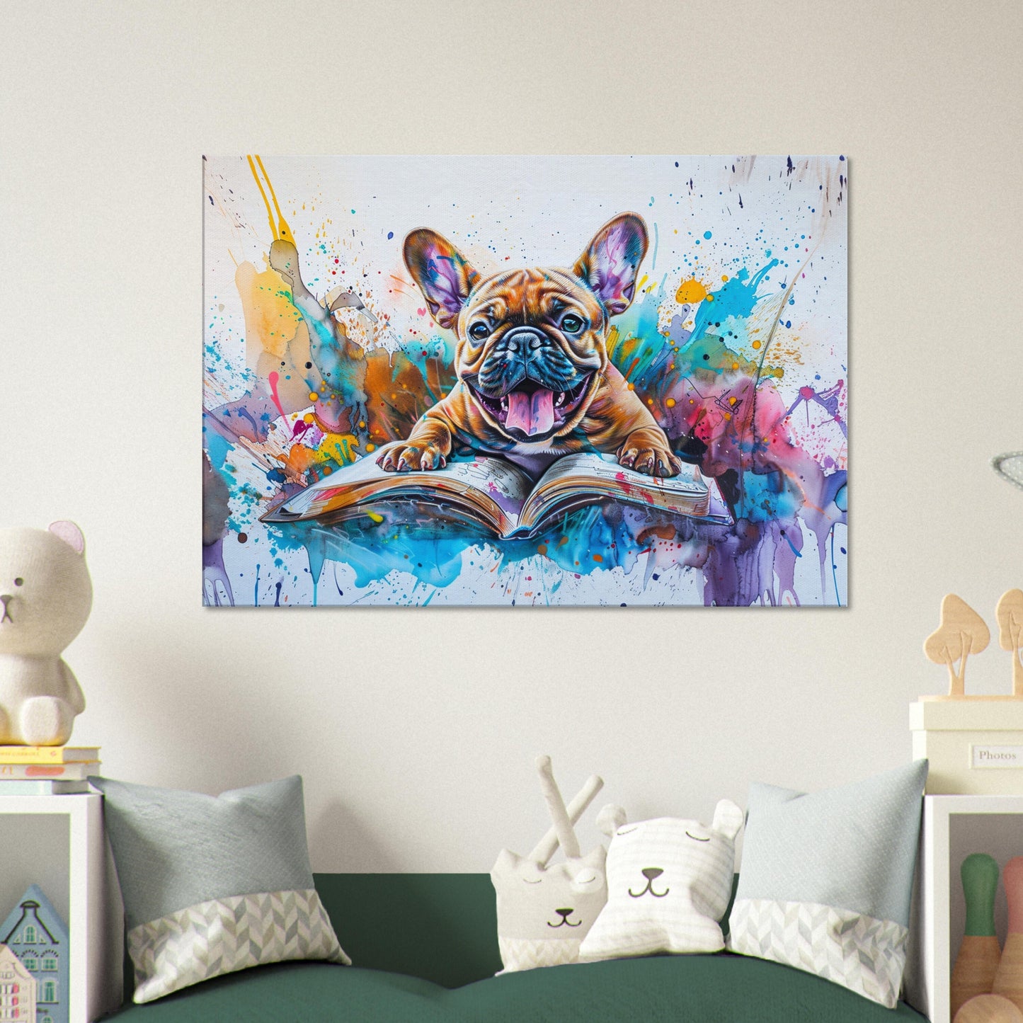 Book Worm French Bulldog Canvas. Frenchie Mom, Dad, Librarian Gift. Watercolour Paint Splash Print, Funny Dog Owner, Library, Reading Decor - CanvasityCrafts - Free Shipping