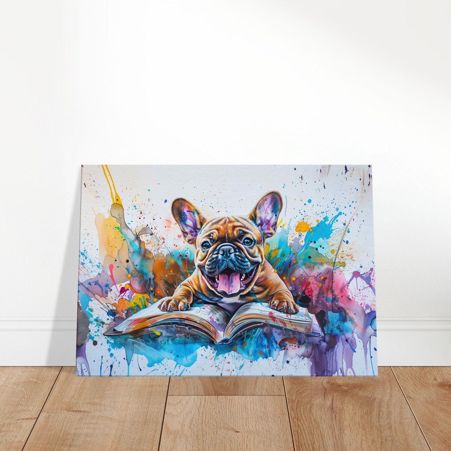 Book Worm French Bulldog Canvas. Frenchie Mom, Dad, Librarian Gift. Watercolour Paint Splash Print, Funny Dog Owner, Library, Reading Decor - CanvasityCrafts - Free Shipping