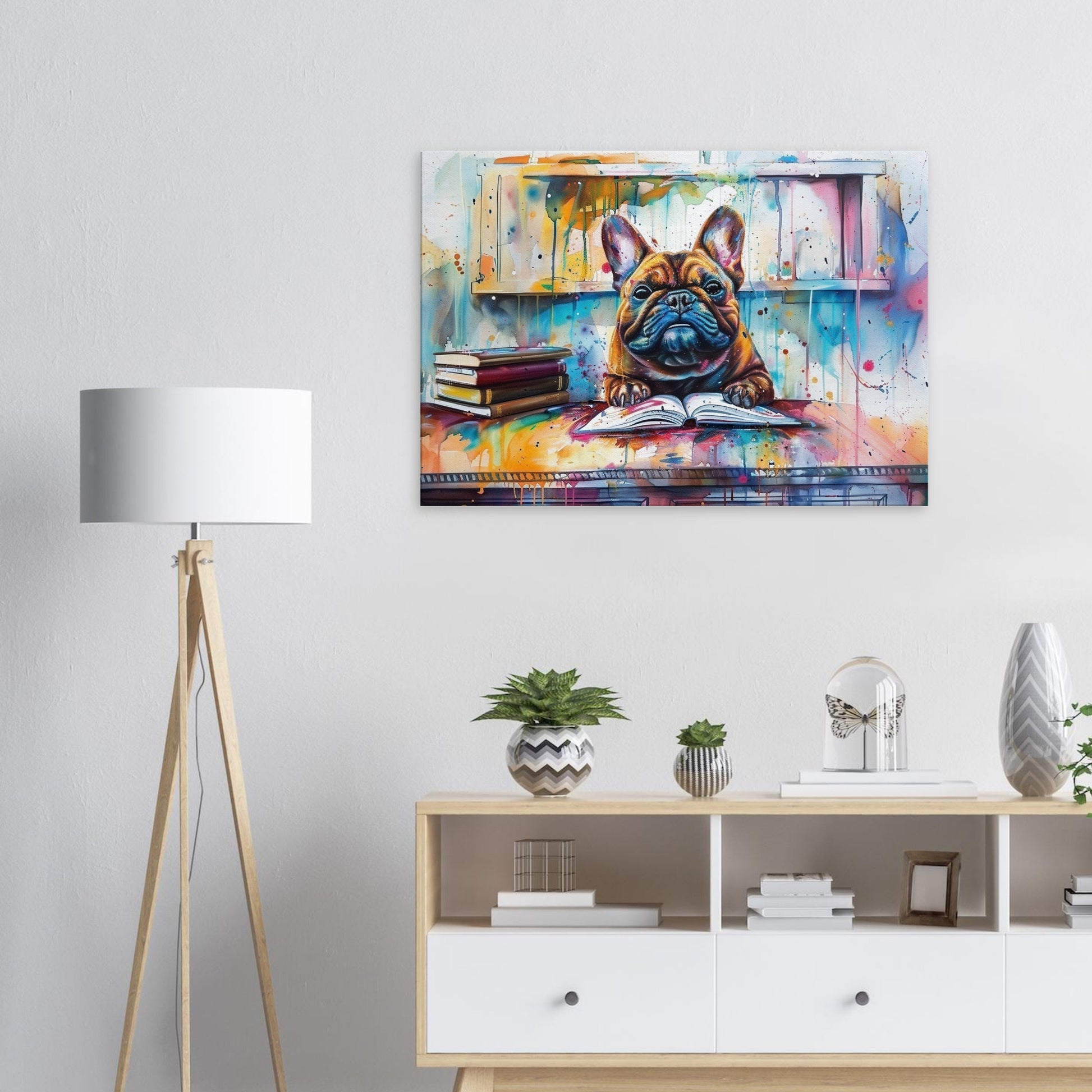 Bookworm French Bulldog Canvas. Frenchie Mom, Dad, Book Lover Gift. Watercolour Paint Splash Print, Funny Dog Owner, Library, Reading Decor - CanvasityCrafts - Free Shipping