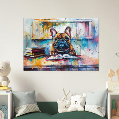 Bookworm French Bulldog Canvas. Frenchie Mom, Dad, Book Lover Gift. Watercolour Paint Splash Print, Funny Dog Owner, Library, Reading Decor - CanvasityCrafts - Free Shipping