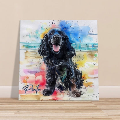 Pinto on the Beach. Colorful Black Cocker Spaniel Pet Memorial Canvas With Splashes of Rainbow Color - CanvasityCrafts - Free Shipping