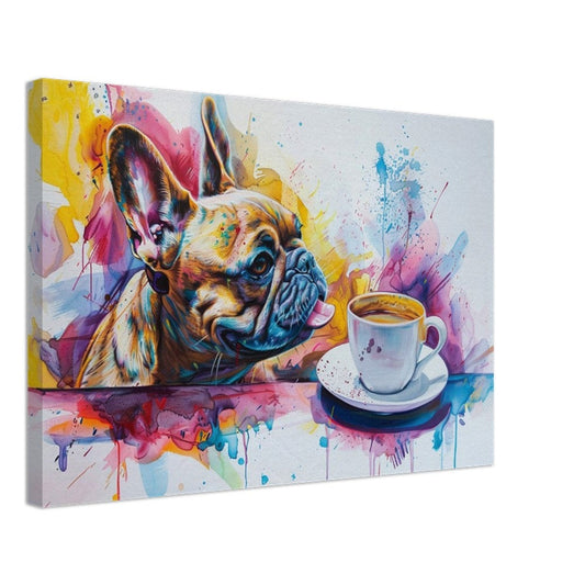 French Bulldog Coffee Canvas. Paint Splash Frenchie Mom Dad Coffee Lover Room Decor Gift. Watercolour Wall Art Coffee Shop Print, Lick Lick! - CanvasityCrafts - Free Shipping