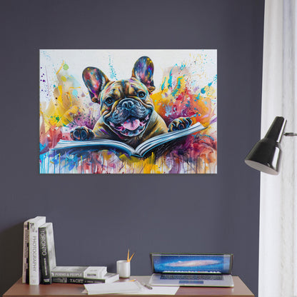 Book Lover French Bulldog Canvas. Frenchie Mom, Dad, Bookworm Gift. Watercolour Paint Splash Print for Dog Owner, Writer, Reading Decor - CanvasityCrafts - Free Shipping