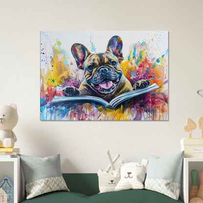 Book Lover French Bulldog Canvas. Frenchie Mom, Dad, Bookworm Gift. Watercolour Paint Splash Print for Dog Owner, Writer, Reading Decor - CanvasityCrafts - Free Shipping