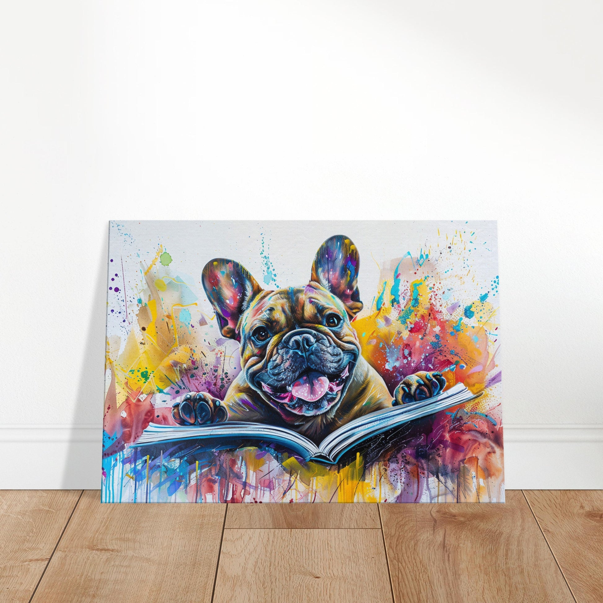 Book Lover French Bulldog Canvas. Frenchie Mom, Dad, Bookworm Gift. Watercolour Paint Splash Print for Dog Owner, Writer, Reading Decor - CanvasityCrafts - Free Shipping