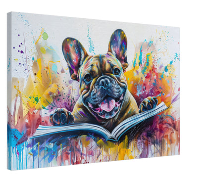 Book Lover French Bulldog Canvas. Frenchie Mom, Dad, Bookworm Gift. Watercolour Paint Splash Print for Dog Owner, Writer, Reading Decor - CanvasityCrafts - Free Shipping