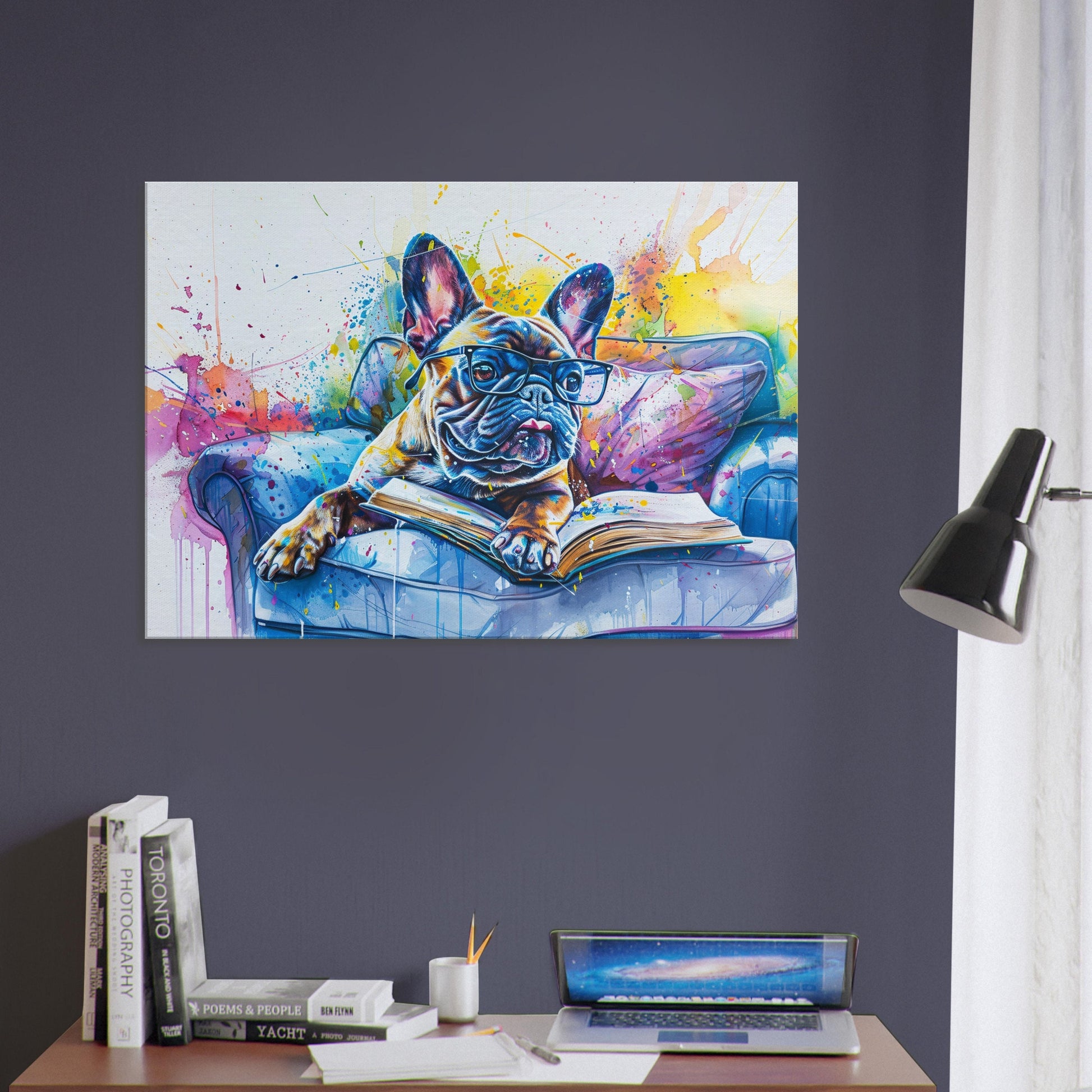 French Bulldog Canvas. Frenchie Mom, Dad, Bookworm Gift. Watercolour Paint Splash Print for Dog Owner, Writer, Reading Decor - CanvasityCrafts - Free Shipping