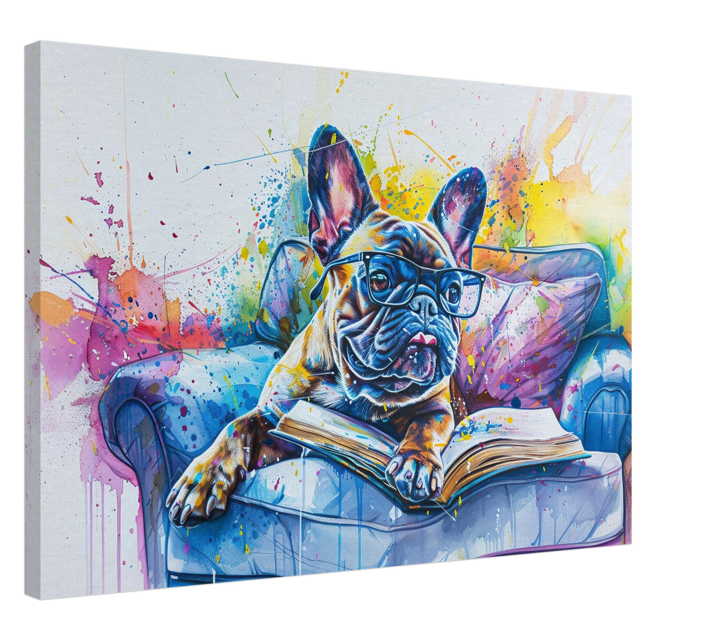 French Bulldog Canvas. Frenchie Mom, Dad, Bookworm Gift. Watercolour Paint Splash Print for Dog Owner, Writer, Reading Decor - CanvasityCrafts - Free Shipping