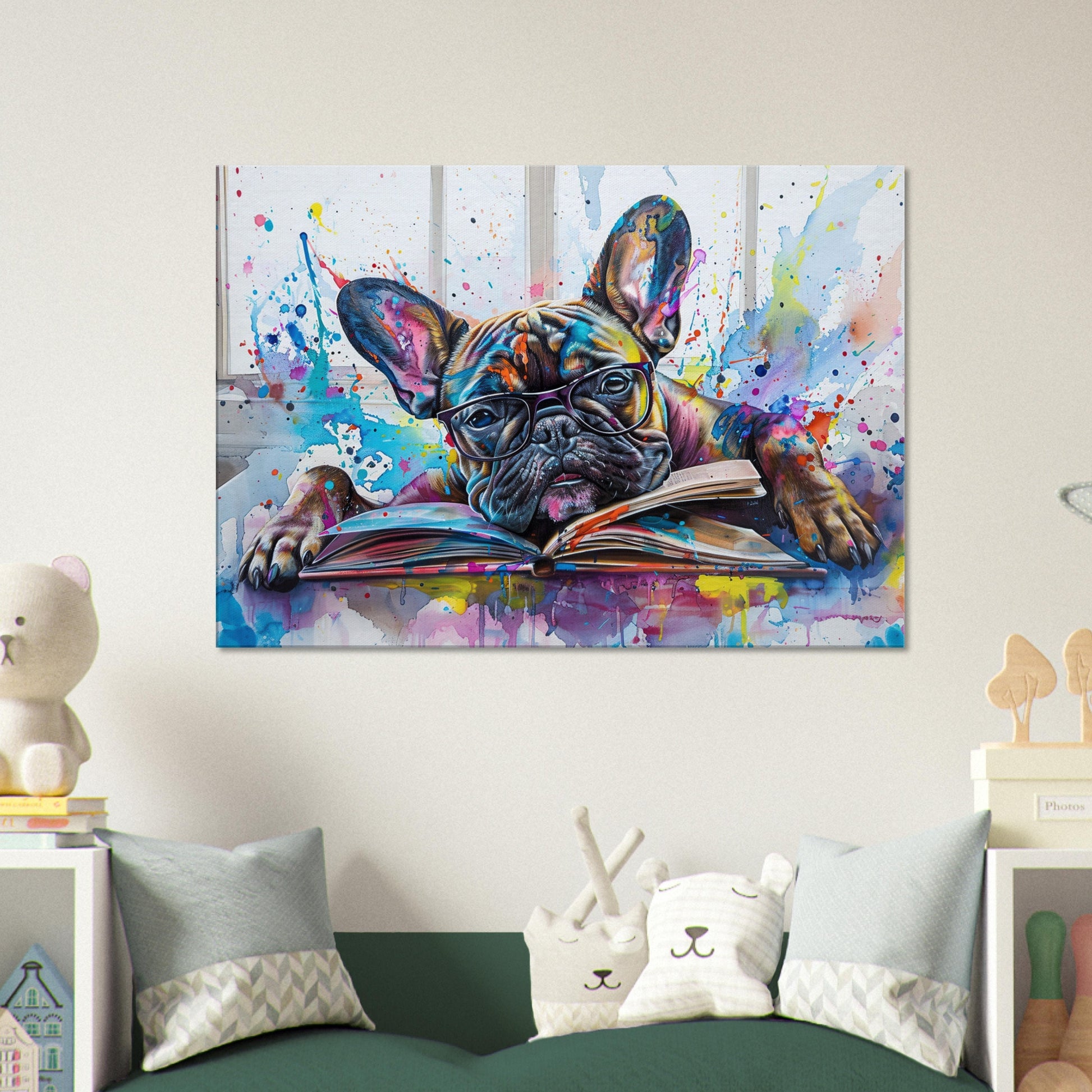 Sleepy French Bulldog Canvas. Frenchie Mom, Dad, Book Lover Gift. Watercolour Paint Splash Print for Dog Parents, Writer, Reading Decor - CanvasityCrafts - Free Shipping