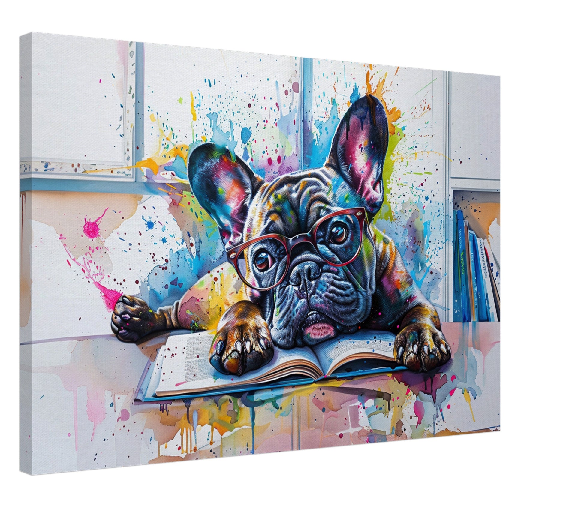 French Bulldog at a Desk Canvas. Frenchie Owner, Book Lover, Kids Room Decor Gift. Paint Splash Print. Library, Classroom, School Reading - CanvasityCrafts - Free Shipping