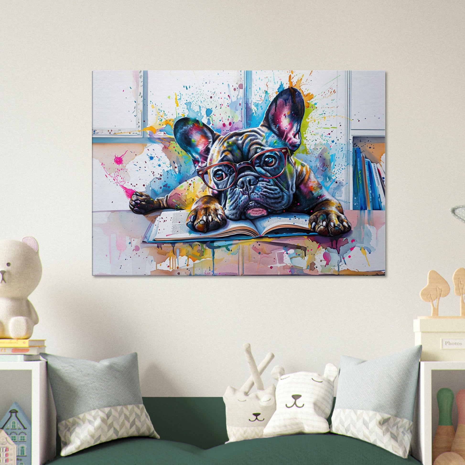 French Bulldog at a Desk Canvas. Frenchie Owner, Book Lover, Kids Room Decor Gift. Paint Splash Print. Library, Classroom, School Reading - CanvasityCrafts - Free Shipping