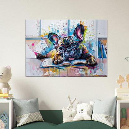 French Bulldog at a Desk Canvas. Frenchie Owner, Book Lover, Kids Room Decor Gift. Paint Splash Print. Library, Classroom, School Reading - CanvasityCrafts - Free Shipping