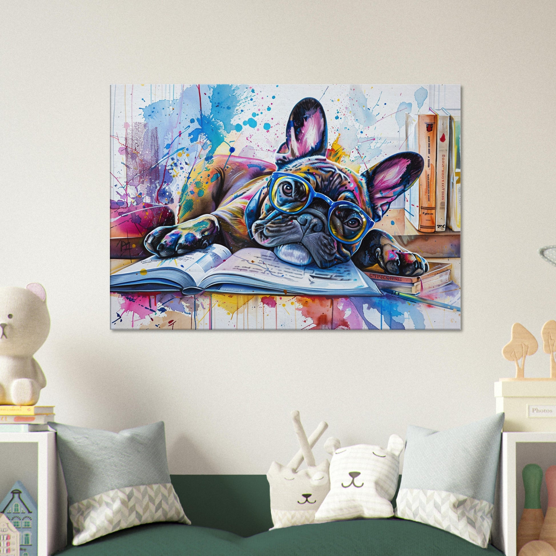 French Bulldog Reading on Canvas. Frenchie Mom, Dad, Book Lover, Teacher Decor Gift. Paint Splash Print. Library, Classroom, Office Reading - CanvasityCrafts - Free Shipping