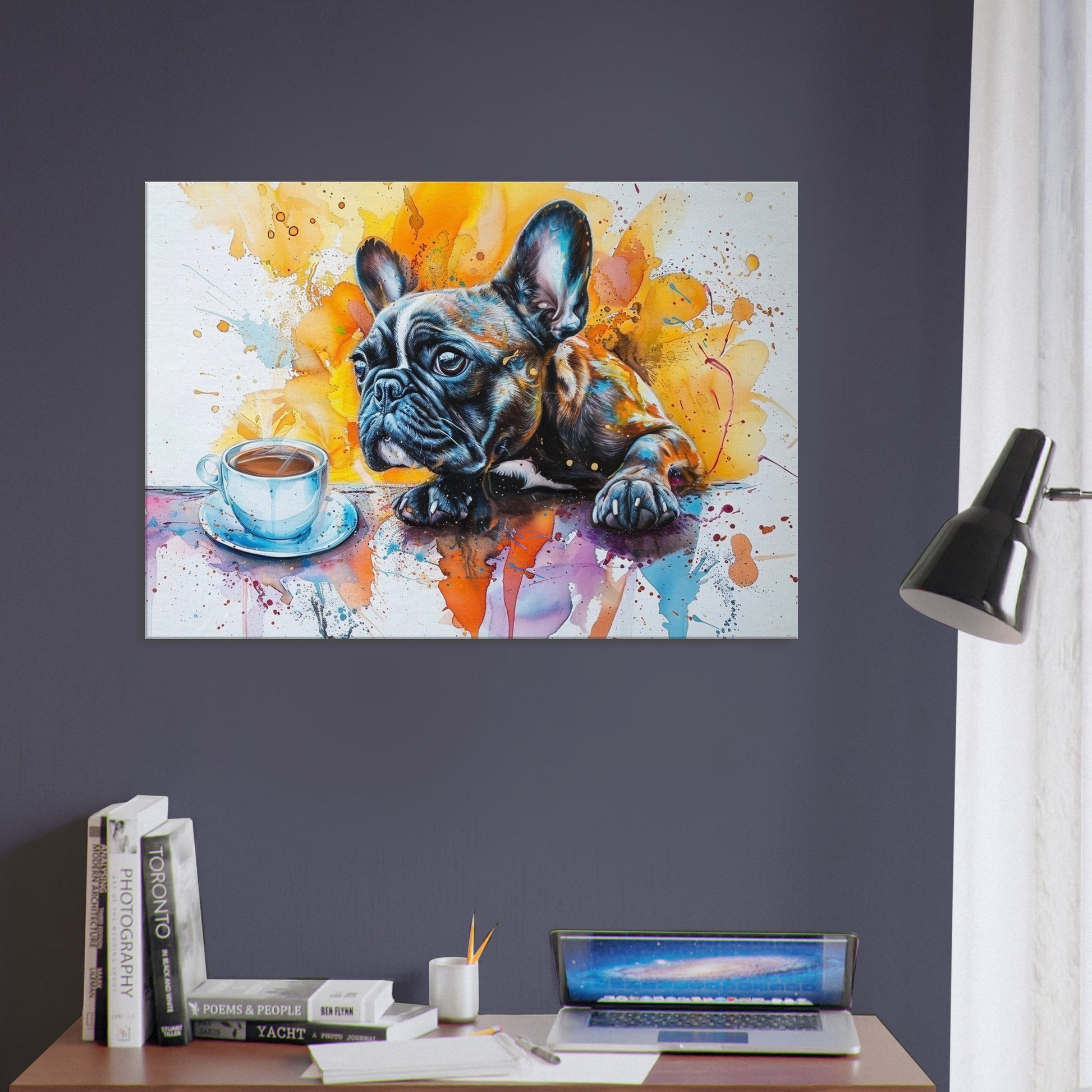 French Bulldog Coffee Canvas. Frenchie Mom Dad Coffee Lover Room Decor Gift. Watercolour Wall Art Coffee Shop Print, Paint Splash Picture - CanvasityCrafts - Free Shipping