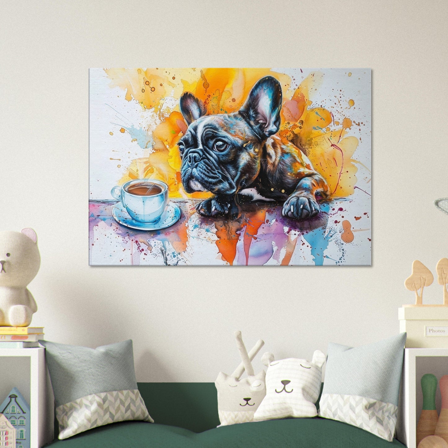 French Bulldog Coffee Canvas. Frenchie Mom Dad Coffee Lover Room Decor Gift. Watercolour Wall Art Coffee Shop Print, Paint Splash Picture - CanvasityCrafts - Free Shipping