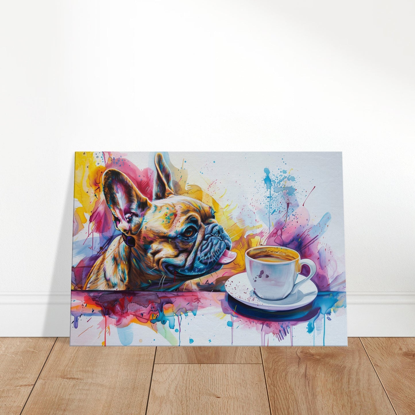 French Bulldog Coffee Canvas. Paint Splash Frenchie Mom Dad Coffee Lover Room Decor Gift. Watercolour Wall Art Coffee Shop Print, Lick Lick! - CanvasityCrafts - Free Shipping