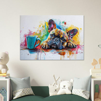 French Bulldog Coffee Canvas. Frenchie Mom Dad Coffee Lover Room Decor Gift. Watercolour Wall Art Coffee Shop Print, Paint Splash Picture - CanvasityCrafts - Free Shipping