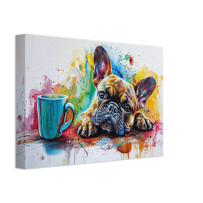 French Bulldog Coffee Canvas. Frenchie Mom Dad Coffee Lover Room Decor Gift. Watercolour Wall Art Coffee Shop Print, Paint Splash Picture - CanvasityCrafts - Free Shipping