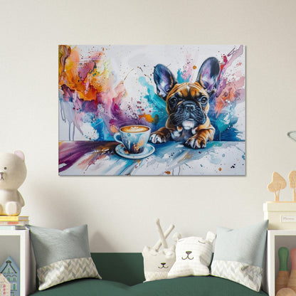 Cute French Bulldog Coffee Canvas. Frenchie Mom Dad Coffee Lover Room Decor Gift. Watercolour Wall Art Coffee Shop Print, Paint Splash Puppy - CanvasityCrafts - Free Shipping