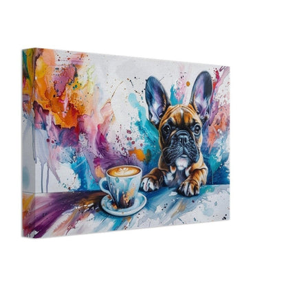 Cute French Bulldog Coffee Canvas. Frenchie Mom Dad Coffee Lover Room Decor Gift. Watercolour Wall Art Coffee Shop Print, Paint Splash Puppy - CanvasityCrafts - Free Shipping