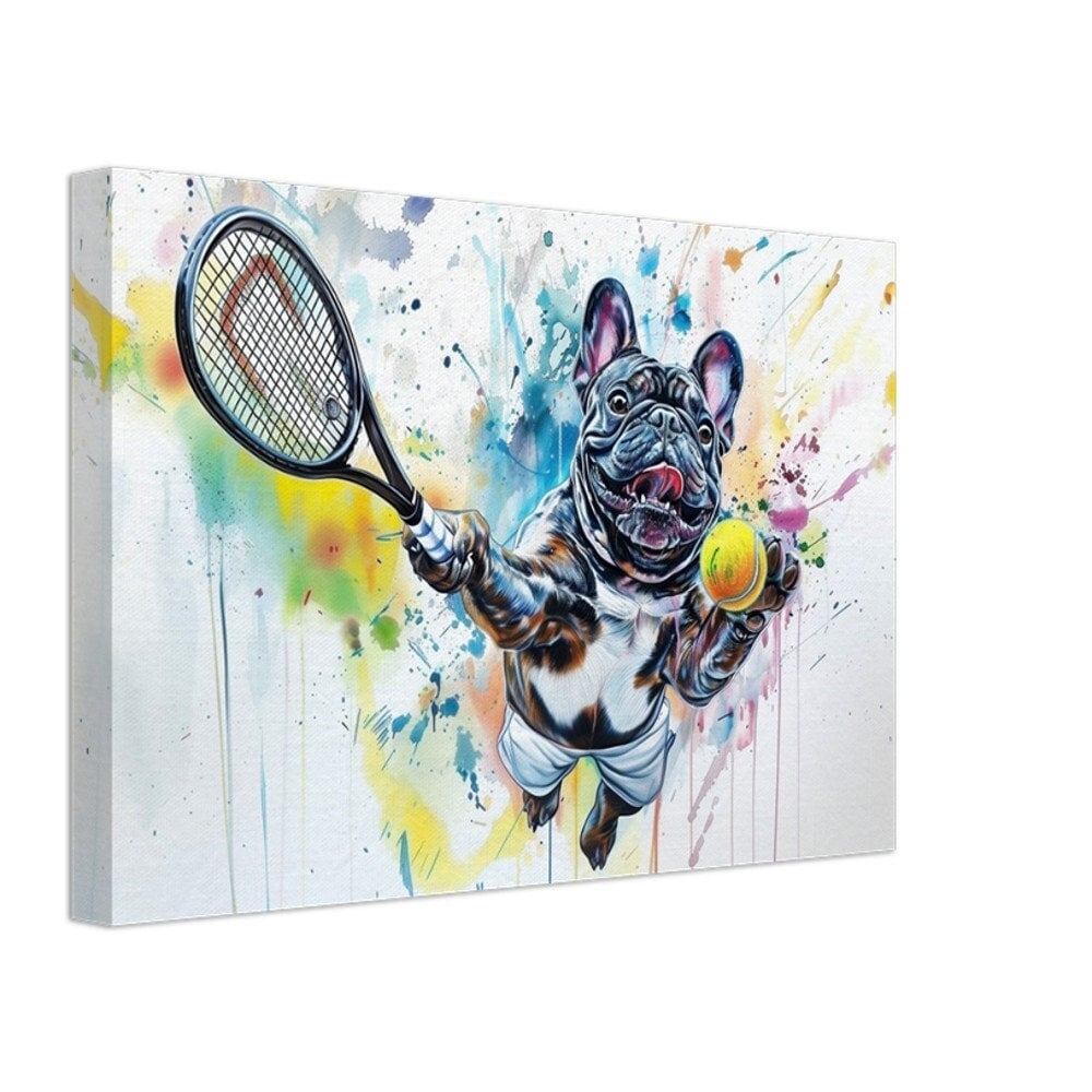 French Bulldog Tennis Player on Canvas. Funny Frenchie Mom Dad Sports Lover Room Decor Gift. Watercolour Wall Art Tennis Ball Print - CanvasityCrafts - Free Shipping